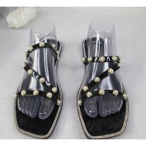 Steve Madden Nonii Pearl Embellishment Black Flat Sandal with Bands 10 (54)